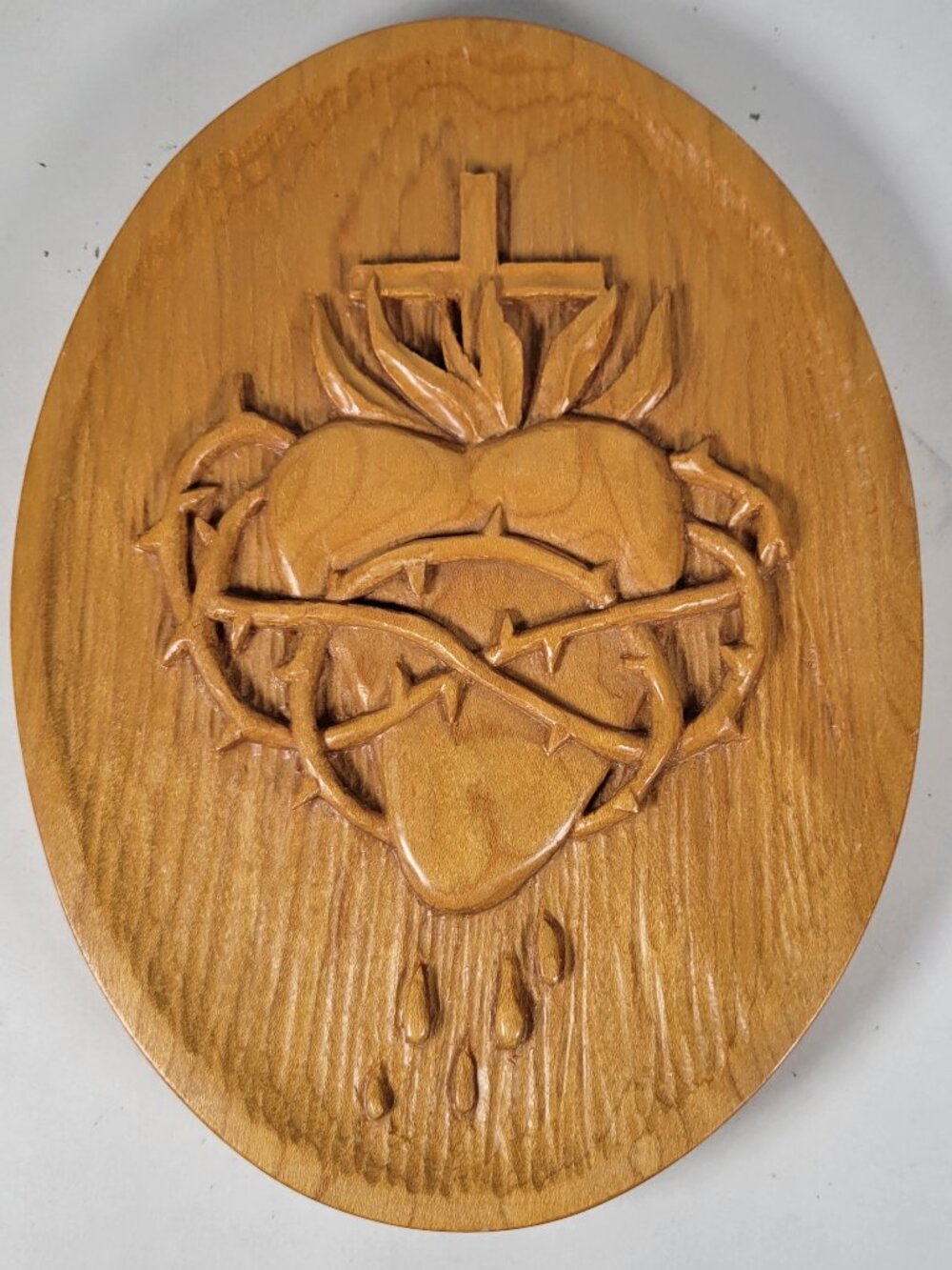 Vintage Hand-carved Wooden Oval Wall Art Plaque Sacred Heart of Jesus 1982